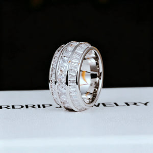 Side profile view of white gold plated Baguette Square Triple Row Ring 12mm wide men hip hop band ring, single ring showcase with hand set flawless VVS simulated baguette and square cut stones full pavé icy heavy weight mens bling statement jewelry RDRIP JEWELRY