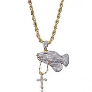Iced two tone blessing praying hands pendant with dangling cross charm paired with gold rope chain, fully set flawless VVS simulated diamonds, copper 18k gold plated men hip hop faith bling jewelry isolated on clean white background RDRIP JEWELRY