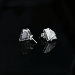Silver Diamond Facet Style Geometric 3D Stud Earrings Back View, Micro Pave Cubic Zirconia Iced Out Pyramid Ear Studs, Hip Hop Jewelry for Men RDRIP JEWELRY