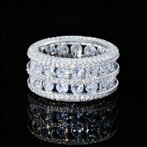 RDRIP JEWELRY full iced double rows hollow wide band silver tone men ring,copper base icy bling rhinestone hip hop rapper jewelry,micro pave stone hollow setting ring,black background with mirror reflection product photography