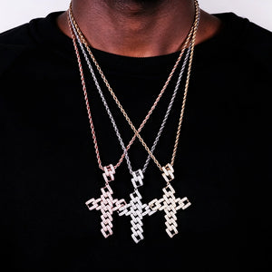 Full Paved Cuban Chain Style Cross Pendant three tone colorways rose gold silver gold, worn on neck model display, iced out AAA cubic zirconia mens hip hop cross necklace set, multiple color options streetwear religious bling jewelry RDRIP JEWELRY