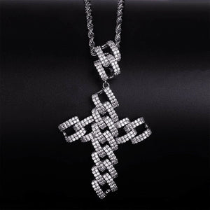Full Paved Cuban Chain Style Cross Pendant matched with iced rope chain, full paved AAA cubic zirconia hip hop cross necklace, mens bling religious street jewelry silver finish shot on dark leather background RDRIP JEWELRY