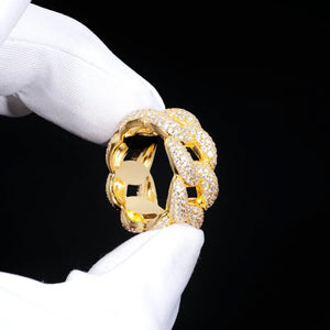 Full Paved Iced Bubble Cuban Ring 18K gold plated hand gloved product shot, 3 row flawless VVS simulated diamonds full pave hip hop ring, 10mm wide unisex bling eternity band urban streetwear jewelry RDRIP JEWELRY