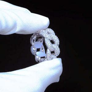 Full Paved Iced Bubble Cuban Ring hand held shot, 3 row flawless VVS simulated diamonds full pave setting, 10mm width hip hop eternity band, 18K white gold plated unisex bling statement jewelry RDRIP JEWELRY