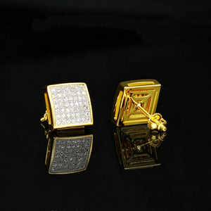18K Gold Plated 7mm Micro Pave Iced Square Hip Hop Stud Earrings, front and back detail view showing screw back clasp, fully encrusted VVS simulated diamond studs, unisex bling hip hop jewelry black reflective background RDRIP JEWELRY