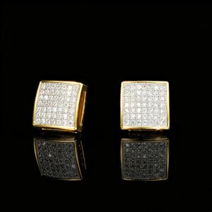18K Gold Plated 7mm Micro Pave Iced Square Hip Hop Stud Earrings, fully encrusted VVS simulated diamond square studs, unisex bling hip hop jewelry for men women black reflective background RDRIP JEWELRY