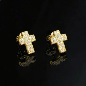18K Gold Plated Faith Cross Hip Hop Stud Earrings, fully iced micro pave VVS simulated diamond cross stud earrings, unisex bling cross earrings for men women black reflective background shot RDRIP JEWELRY