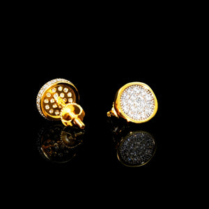 18K Gold-Plated Round Pavé Cluster Stud Earrings, Front And Back Detail View Showing Screw Back Mechanism, Iced Out VVS Simulated Diamond Unisex Hip Hop Bling Jewelry RDRIP JEWELRY