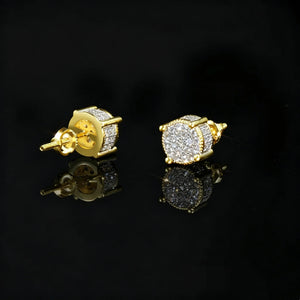 Gold Iced Out Round Cluster Micro Pave Stud Earrings Backside Detail View, 18k Gold Plated 925 Sterling Silver Hip Hop Men Jewelry, Cubic Zirconia Bling Studs with Screw Back, RDRIP JEWELRY