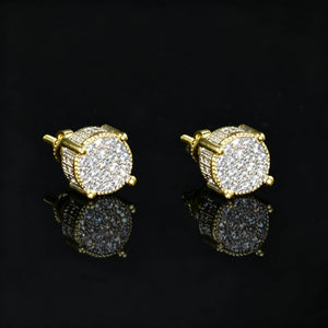 Iced Out Round Cluster Micro Pave Screw Back Stud Earrings, 18k gold plated 925 sterling silver hip hop earrings for men, full micro pave cubic zirconia bling stud earrings with screw back closure, RDRIP JEWELRY