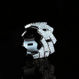 Iced Out 2‑Row Micro‑Paved AAA CZ Miami Cuban Lock Ring for men, wide 14mm rhodium plated hip hop bling jewelry, full micro paved sparkling cubic zirconia stones, hollow lock design statement ring RDRIP JEWELRY