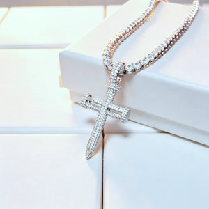 Iced Out Nail Cross Pendant full pave AAA cubic zirconia silver tone nail shaped crucifix necklace for men, bling iced‑out hip hop street wear jewelry matched with tennis chain displayed on clean white gift box background RDRIP JEWELRY