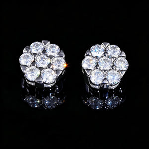 Iced Out S925 Sterling Silver Round 7 Stone Flower Cluster VVS Moissanite Stud Earrings Hip Hop Men Jewelry On Black Glossy Reflective Surface RDRIP JEWELRY