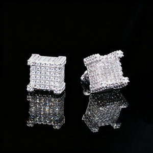 Silver Tone Micro Pave Iced Out Border Cube Stud Earrings, Flawless VVS Simulated Diamond Screw Back Streetwear Hip Hop Jewelry For Men RDRIP JEWELRY