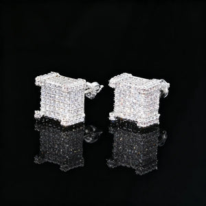 Side View of Silver Tone Micro Pave Iced Out Border Cube Stud Earrings, Flawless VVS Simulated Diamond 18K White Gold Plated Mens Streetwear Screw Back Stud Earrings RDRIP JEWELRY