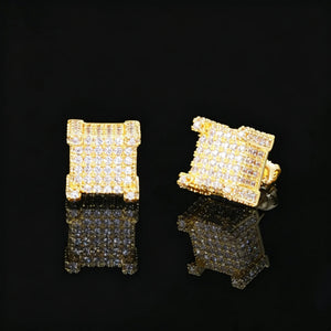 Micro Pave Iced Out Border Cube Stud Earrings, Flawless VVS Simulated Diamond 18k Gold Plated Square Hip Hop Jewelry Screw Back Stud Earrings For Men RDRIP JEWELRY