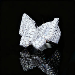 Oversized 3D Butterfly Iced Ring Full Micro‑Pave Baguette cut AAA cubic zirconia bling hip hop mens statement ring black reflective background shot icy iced out jewelry RDRIP JEWELRY