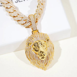 Premium Full Pave Iced‑Out Lion Head Pendant Necklace,18K gold plated realistic 3D lion head design,full pave VVS cubic zirconia bling statement men hip hop jewelry,RDRIP JEWELRY