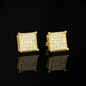 18K gold plated Quad Corner Iced Square Stud Earrings, fully micro pave VVS simulated diamond square hip hop stud earrings for men, square grid iced out earrings with four corner ball details on black reflective background