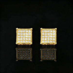 18K gold plated Quad Corner Iced Square Stud Earrings, fully micro pave VVS simulated diamond square hip hop stud earrings for men, square grid iced out earrings with four corner ball details, black reflective surface
