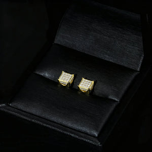 18K Gold Plated S925 Silver VVS Moissanite Micro Pave Border Cube Stud Earrings, paired 3D iced square earrings showcased inside premium black gift box, men hip hop screw back jewelry, RDRIP JEWELRY