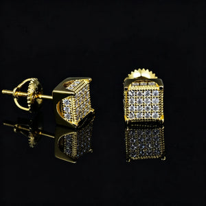 18K Gold Plated S925 Silver VVS Moissanite Micro Pave Border Cube Stud Earrings, dual angle view showing 3D iced cube design and screw back ear nuts, hip hop square earrings on reflective black surface, RDRIP JEWELRY