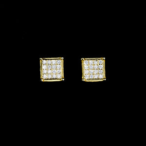 18K Gold Plated S925 Silver VVS Moissanite Micro Pave Border Cube Stud Earrings, paired square iced hip hop earrings displayed on black silk inside luxury gift box, screw back men jewelry, RDRIP JEWELRY