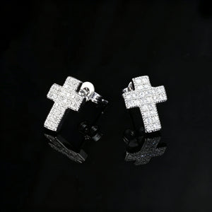 18K Silver Plated Faith Cross Hip Hop Stud Earrings, fully iced micro pave VVS simulated diamond cross stud earrings, unisex bling cross earrings for men women black reflective background RDRIP JEWELRY