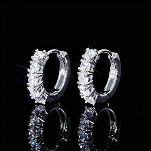 Silver plated row huggie hoop earrings, half set round VVS simulated diamonds small huggie ear rings, durable click closure hoop ear buckles, trendy unisex hip hop bling jewelry for everyday wear RDRIP JEWELRY