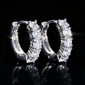 Silver plated row huggie hoop earrings for men women, half paved round VVS simulated diamond click lock ear buckles, shiny unisex hip hop bling fashion jewelry RDRIP JEWELRY