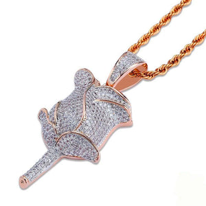 Angled closeup detail shot of rose gold bling fully paved rose flower pendant necklace, iced out hip hop charm covered with flawless vvs simulated diamonds paired with rose gold twist rope chain, macro view of petal texture for men women hiphop street fashion jewelry RDRIP JEWELRY SINCE 2016