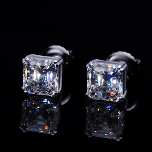 Brilliant Asscher Cut VVS Moissanite Solitaire Stud Earrings with Secure Screw Backs, Polished S925 Sterling Silver, Sparkling Iced Unisex Hip Hop Ear Jewelry RDRIP JEWELRY