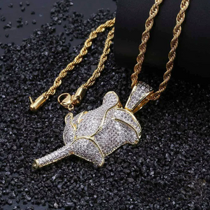 Macro close up view of bling fully paved rose flower pendant matched with gold twist rope chain, iced out hip hop pendant covered with flawless vvs simulated diamonds, detailed shot of clasp and charm for men women street hiphop fashion RDRIP JEWELRY SINCE 2016