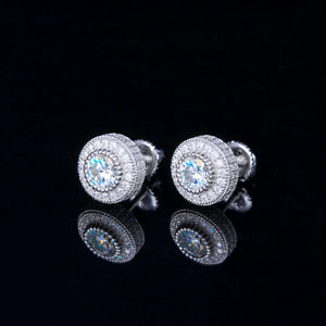 Double Cluster Halo Full Iced VVS Moissanite Stud Earrings 925 Sterling Silver White Gold Plated Screw Back Round Micro Pave Black Reflection Unisex Hip Hop Bling Jewelry RDRIP JEWELRY