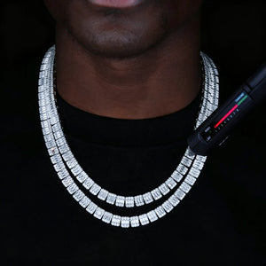 Double layered stacked iced out S925 sterling silver 8MM rectangular baguette cut VVS D color moissanite tennis link chain for men hip hop rapper streetwear jewelry, male model with natural beard showcase, cuboid diamond tester with red-green indicator lights and digital numerical scale testing high-clarity VVS moissanite stones, all stones fully pass diamond tester, shiny full baguette bling stackable choker necklace, luxury hip hop fashion accessory gift for street style lovers, premium men's diamond look
