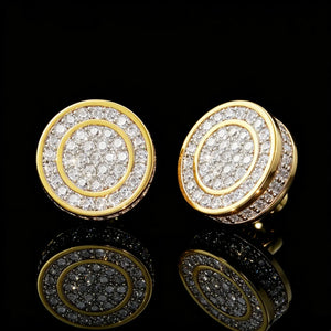 Gold Iced Out Concentric Round Hip Hop Stud Earrings For Men, 14K Gold and 18K Plated Double Circle Fully Paved Sparkling Moissanite Screw Back Earrings, Luxury Bling Hip-hop Streetwear Jewelry, Product Shot On Black Gloss Reflective Surface, RDRIP JEWELRY