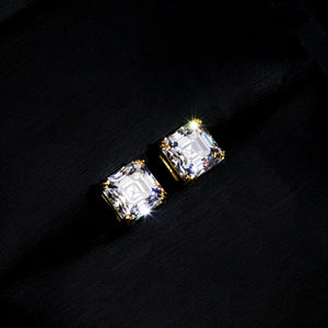 Gold Plated Asscher Cut VVS Moissanite Solitaire Stud Earrings, Four Prong Setting, Sparkling Unisex Iced Hip Hop Ear Jewelry RDRIP JEWELRY