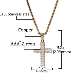 Gold tone baguette iced cross pendant dimension specification chart on white background, shows pendant height 5.2cm width 2.8cm, 316L stainless steel rope chain, copper setting, aaa plus zircon stones, hip hop cross necklace size infographic RDRIP JEWELRY