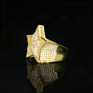 Side angle detail view of men full pave iced out solid 3D micro inlay pentagram rhinestone ring gold tone heavy thick solid band dense stone setting sparkling hip hop statement ring close‑up product photography on black glossy reflective background premium mens urban bling jewelry RDRIP JEWELRY