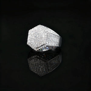 Silver finish men hip hop hexagon signet ring full micro‑inlay pave set sparkling cubic zirconia stones icy bling geometric hexagonal rapper statement ring polished silver metal close‑up product photo with reflection on black glossy background RDRIP JEWELRY
