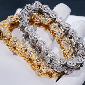 11mm full iced out bike chain link bracelet for men, 18k gold plated and white gold plated hip hop biker wrist jewelry, fully paved flawless VVS simulated diamonds all angles bling bling hand set no glue motorcycle chain bracelet, 7 inch 8 inch size heavy drip streetwear statement jewelry gift set with dust bag gift box warranty card RDRIP JEWELRY