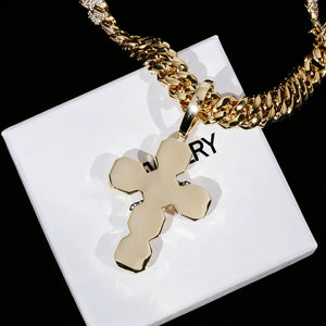 Iced Large Halo Gemstone Cross Pendant gold finish back view shot, polished smooth reverse side of 6‑stone cushion halo cross pendant, gold plated men hip hop bling necklace laid on RDRIP JEWELRY gift box against pure black background, premium streetwear religious jewelry RDRIP JEWELRY