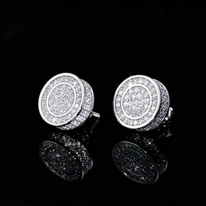 Iced Out Concentric Round Hip Hop Stud Earrings for Men, Silver Plated Screw Back Earrings Fully Paved Shiny Moissanite Stones, Double Circle Bling Iced Studs, Premium Hip-hop Streetwear Jewelry, Black Glossy Reflective Background Product Shot, RDRIP JEWELRY