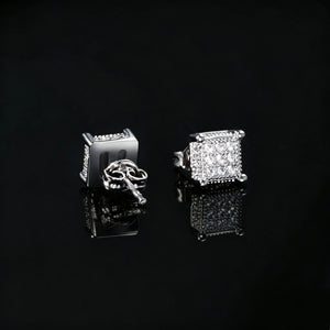 Silver Iced Out Milgrain Square Screw Back Stud Earrings, Silver Plated Micro Pave VVS Simulated Diamond Square Piercing Earrings with Secure Screwback Closure, Unisex Hip Hop Bling Jewelry Gift for Men Women RDRIP JEWELRY