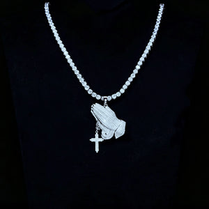Iced out praying hands pendant with dangling cross charm, s925 silver white gold plated fully encrusted vvs simulated diamonds hip hop faith men necklace bling street wear jewelry RDRIP JEWELRY
