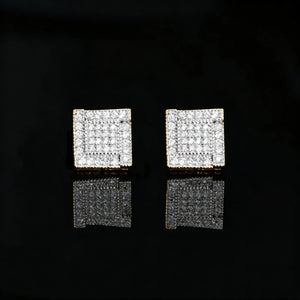 Iced Out Wide Frame Multi-Row Square Ladder Stud Earrings, Gold Plated Micro Pave VVS Simulated Diamond Square Piercing Earrings, Unisex Hip Hop Statement Bling Jewelry Gift for Men Women RDRIP JEWELRY