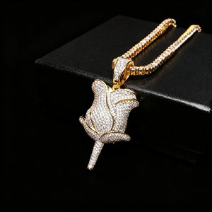 Iced out bling fully paved rose flower pendant, gold plated hip hop necklace with flawless vvs simulated diamonds, mens womens streetwear iced flower jewelry RDRIP JEWELRY SINCE 2016