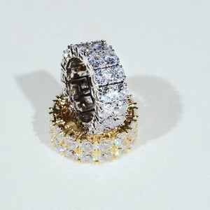 Iced micro pave double row band ring gold and silver tone stacked display, hand‑set prong‑lifted cubic zirconia full icy eternity ring for men and women, brilliant bling hip‑hop plated statement jewelry for streetwear party occasions RDRIP JEWELRY