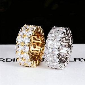 Iced micro pave double row band ring, men women hip hop bling ring set available in gold plated and silver tone, hand‑set cubic zirconia eternity band ring, shiny icy statement fashion jewelry for party daily wear RDRIP JEWELRY