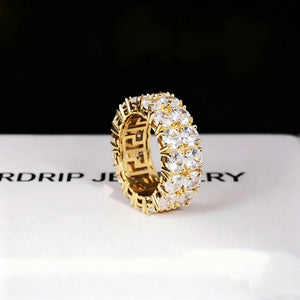 Iced micro pave double row gold eternity band ring for men women, hand‑set prong‑lifted cubic zirconia bling hip‑hop ring, full icy encrusted gold plated statement jewelry for party wedding daily wear RDRIP JEWELRY